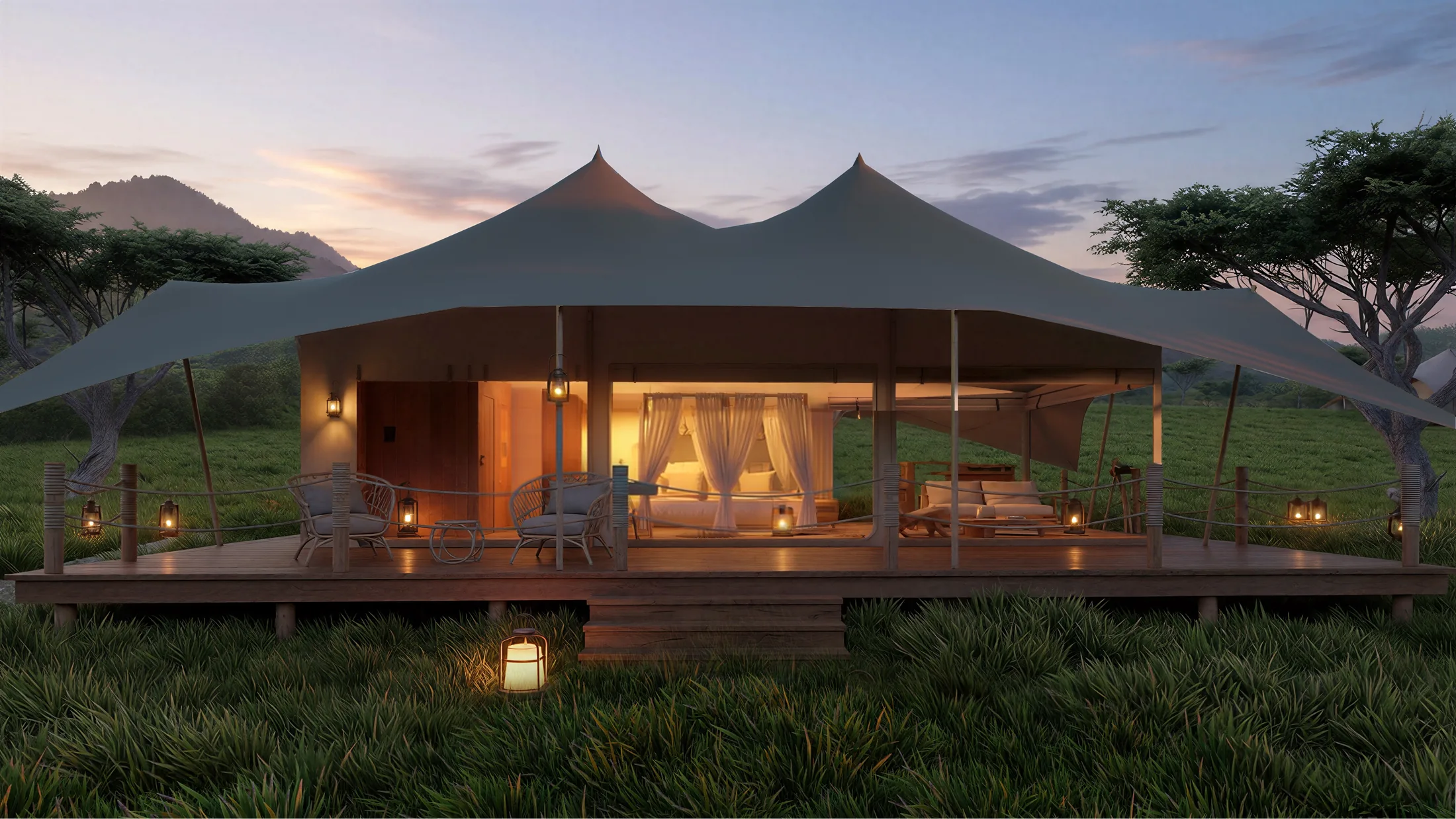 Camp common tent and lights at dusk