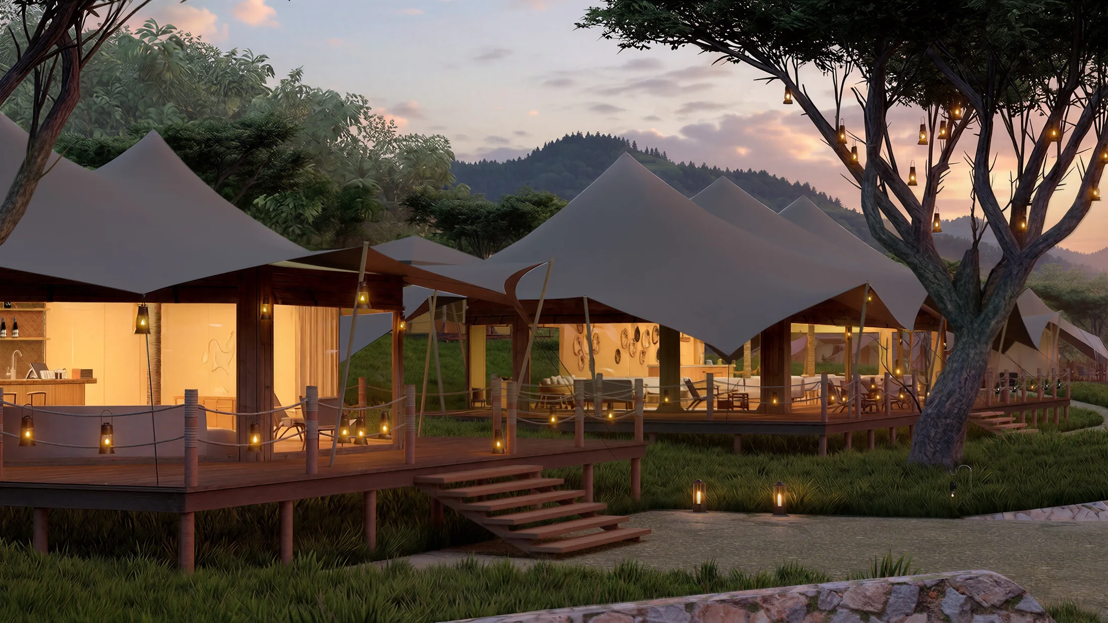 Wild Oasis camp at dusk