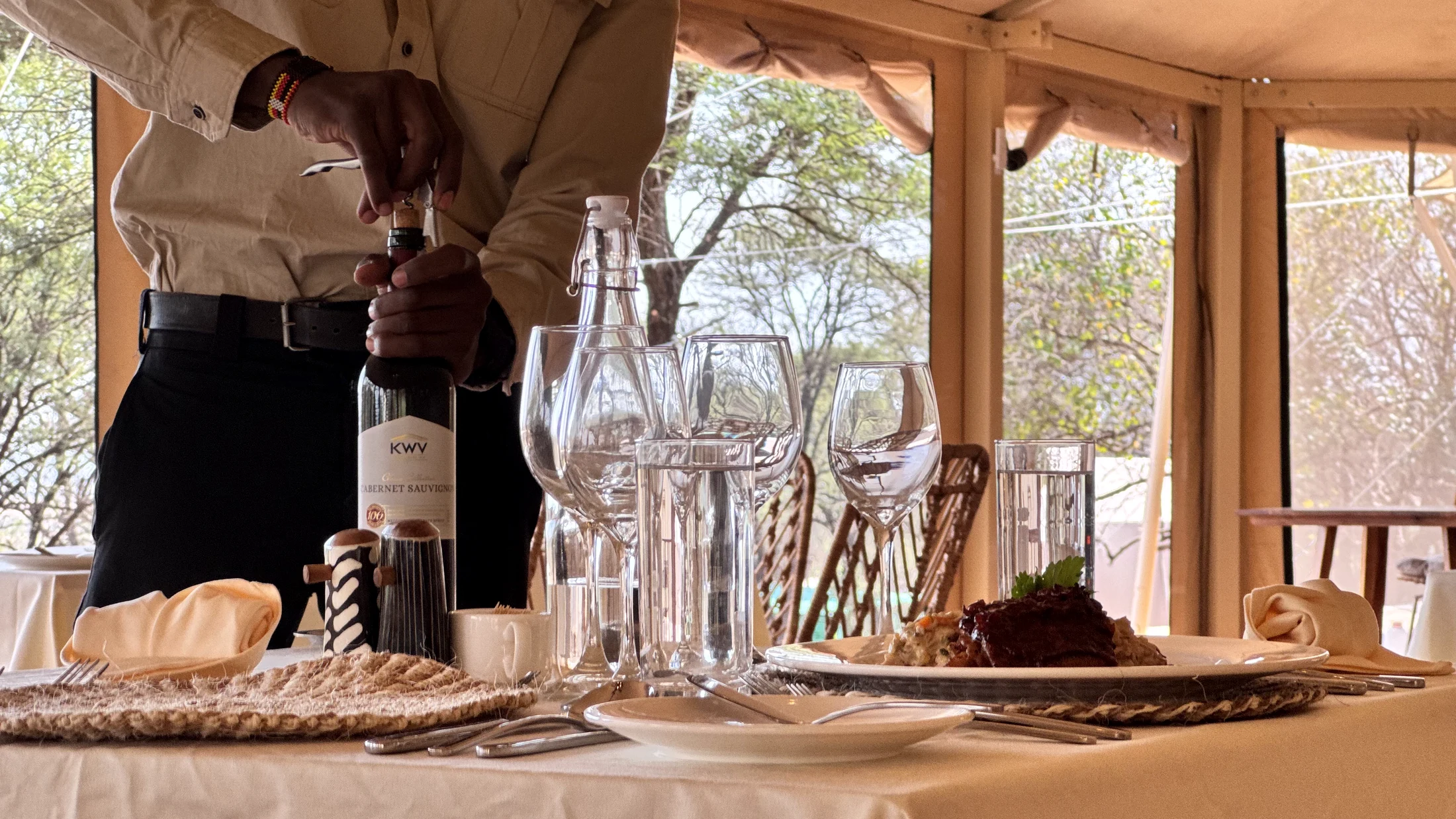 Wine service at dining table