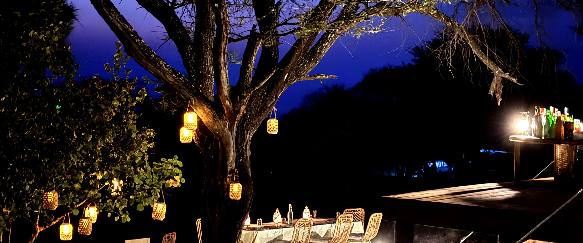 Campfire evening dining setup